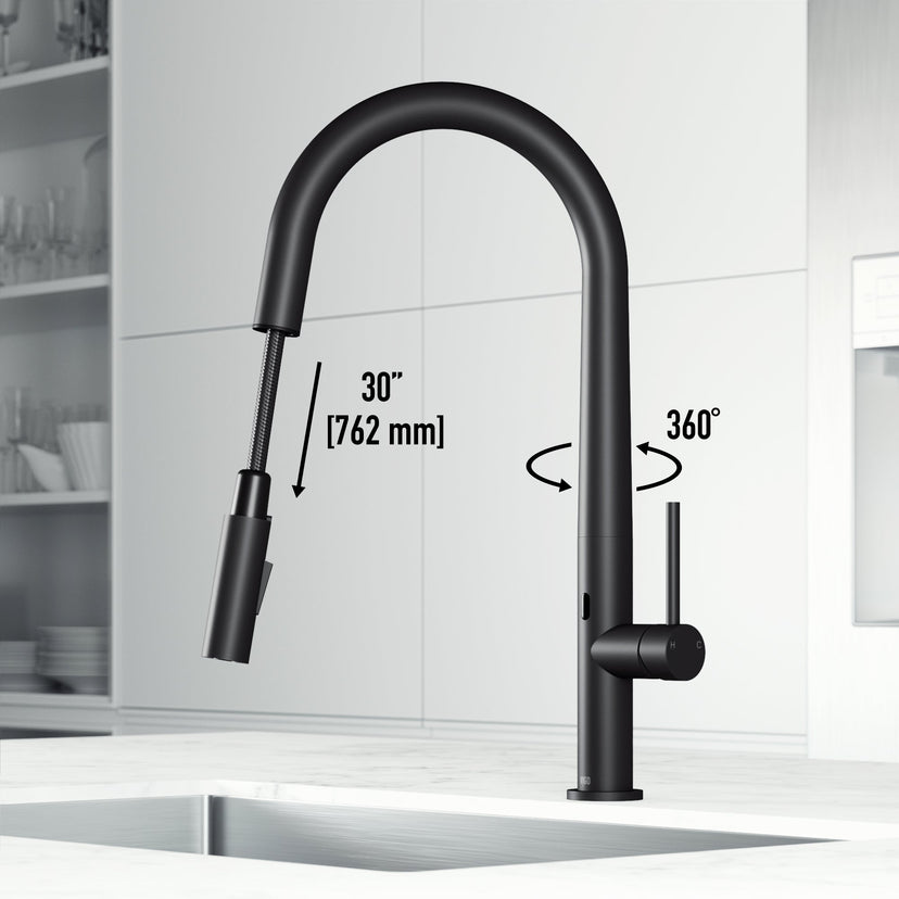 Matte black finish single handle faucet with 18-inch assembled height and swivel spout