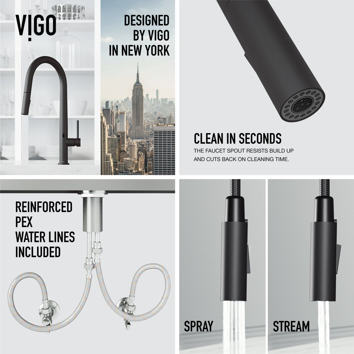 Matte black and stainless steel kitchen faucet with lever handle and high-arc design