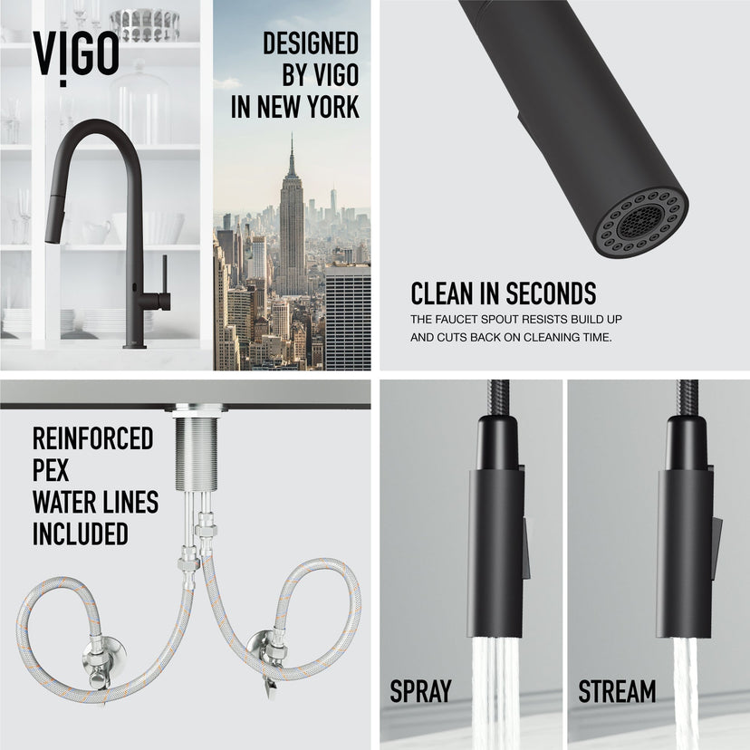 Matte black and stainless steel kitchen faucet with lever handle and high-arc design