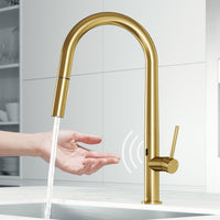 Matte brushed gold single handle kitchen faucet with pull-down sprayer and high-arc spout