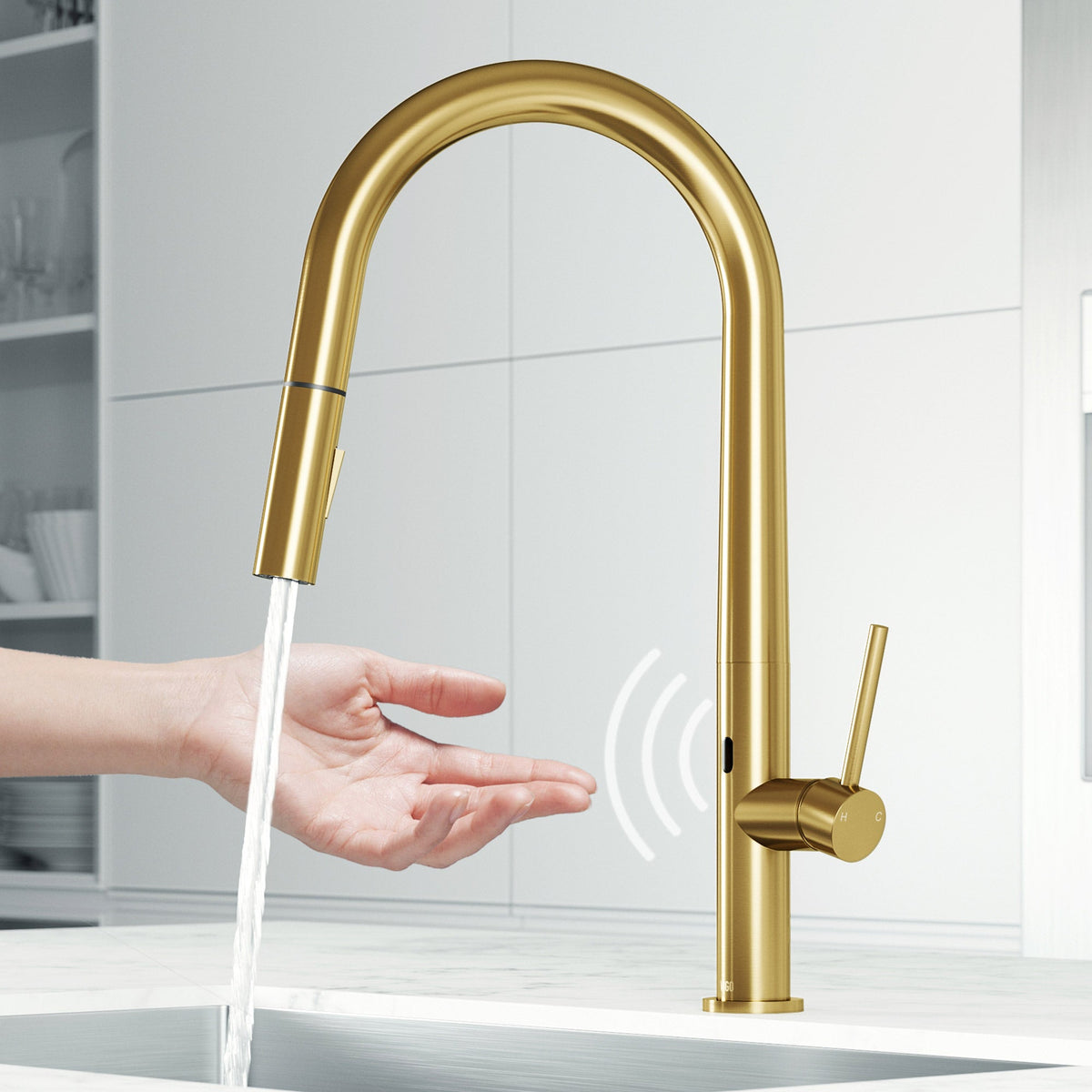Matte brushed gold single handle kitchen faucet with pull-down sprayer and high-arc spout