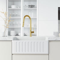 Matte brushed gold brass kitchen faucet featuring ceramic disc cartridge and secure docking
