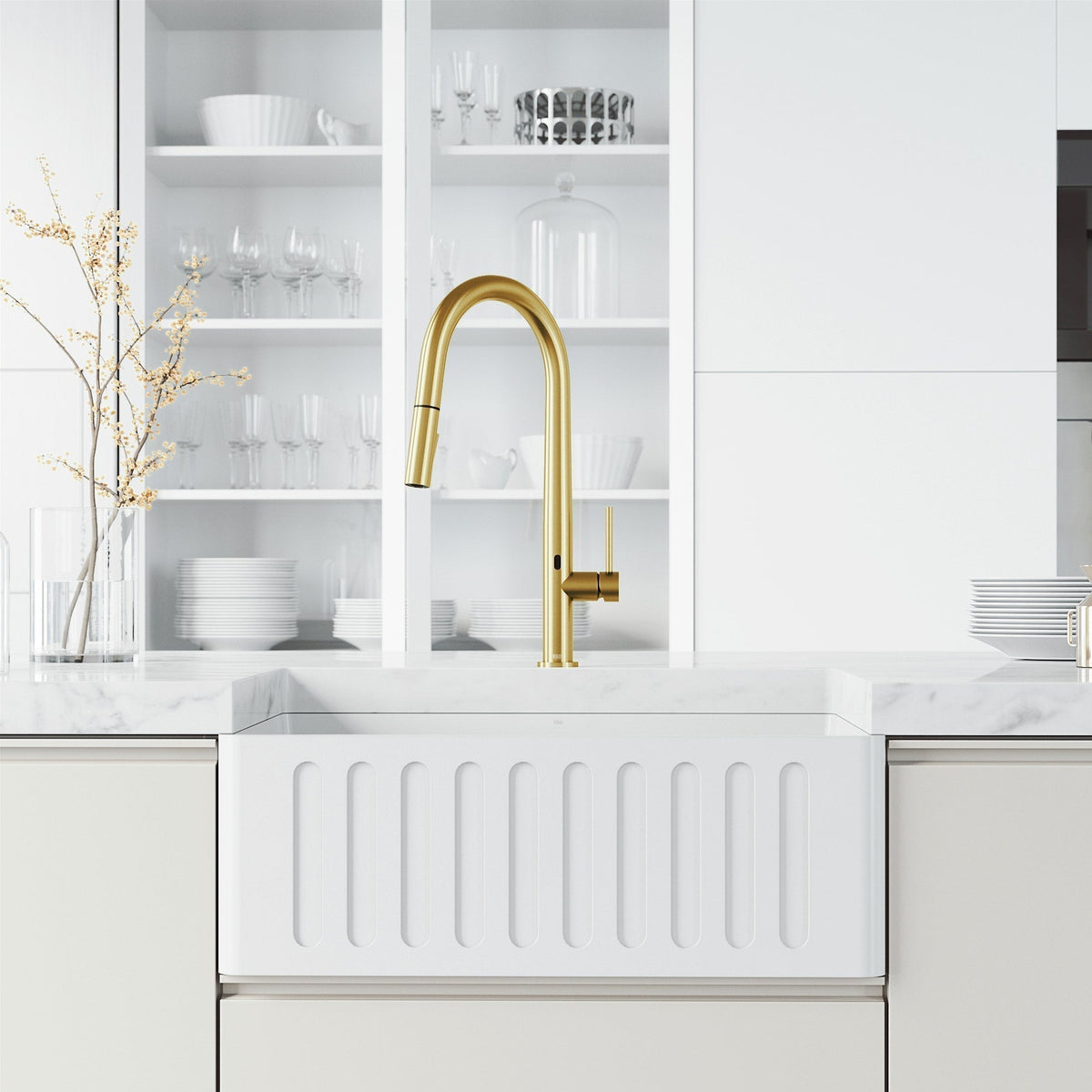 Matte brushed gold brass kitchen faucet featuring ceramic disc cartridge and secure docking
