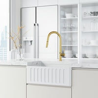 High-arc matte brushed gold faucet with lever handle and included supply lines and hardware