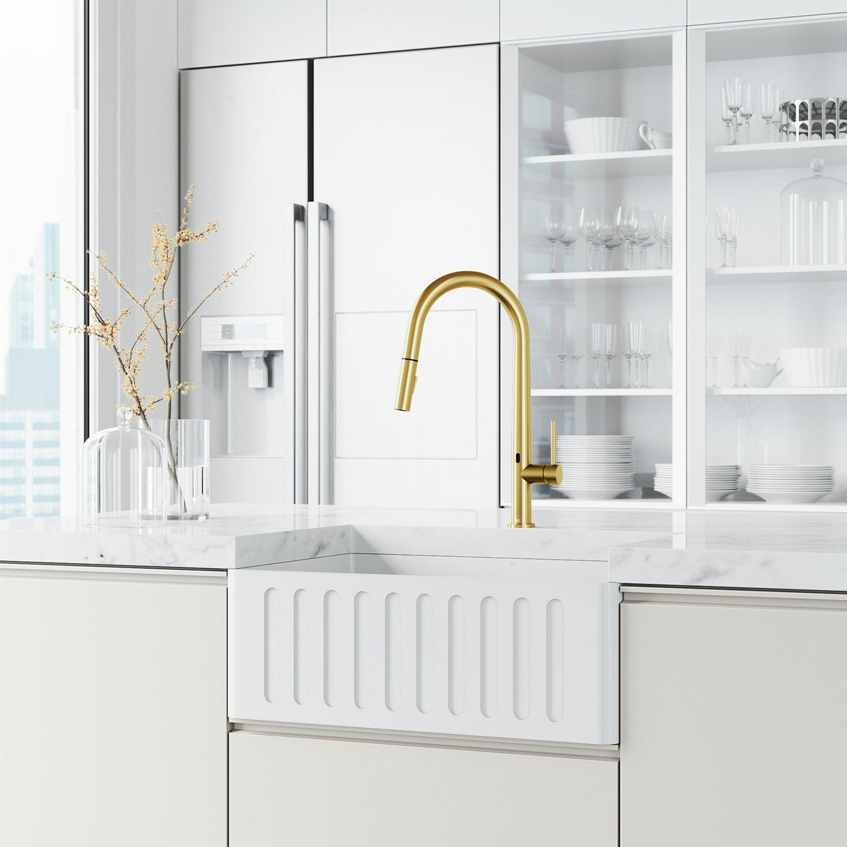 High-arc matte brushed gold faucet with lever handle and included supply lines and hardware