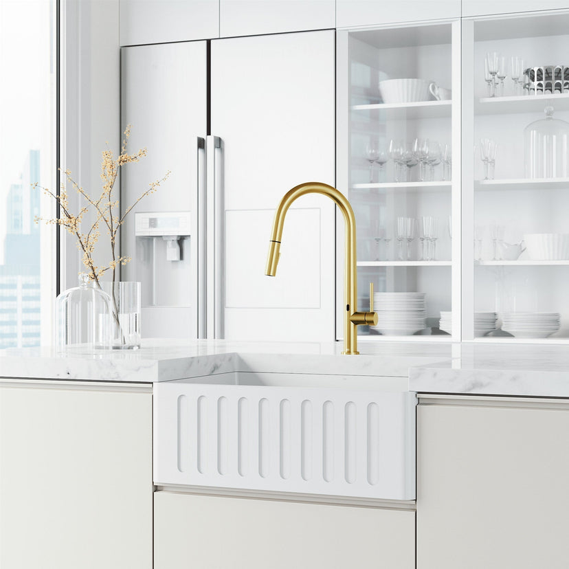 High-arc matte brushed gold faucet with lever handle and included supply lines and hardware