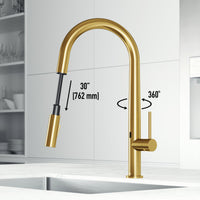 Matte brushed gold finish single handle faucet with 18-inch assembled height and swivel spout