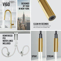 Matte brushed gold and stainless steel kitchen faucet with lever handle and high-arc design