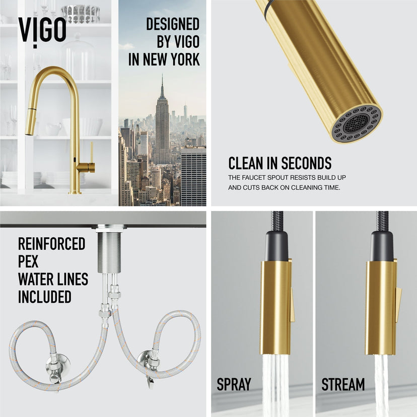 Matte brushed gold and stainless steel kitchen faucet with lever handle and high-arc design