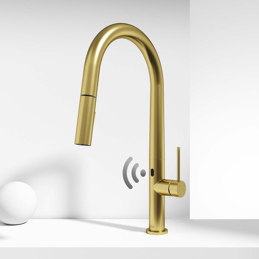 Matte brushed gold finish faucet with pull-down sprayer and included mounting hardware