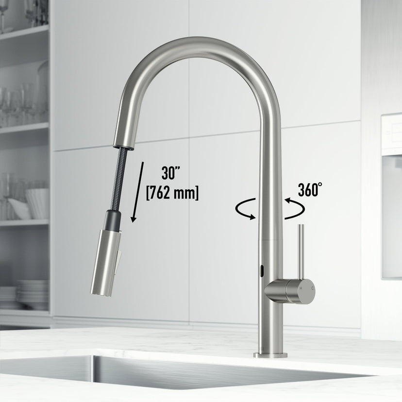 Stainless steel finish single handle faucet with 18-inch assembled height and swivel spout