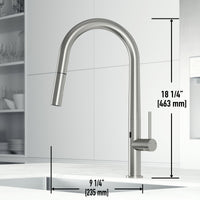 Kitchen faucet with pull-down sprayer, docking technology, and water-efficient design