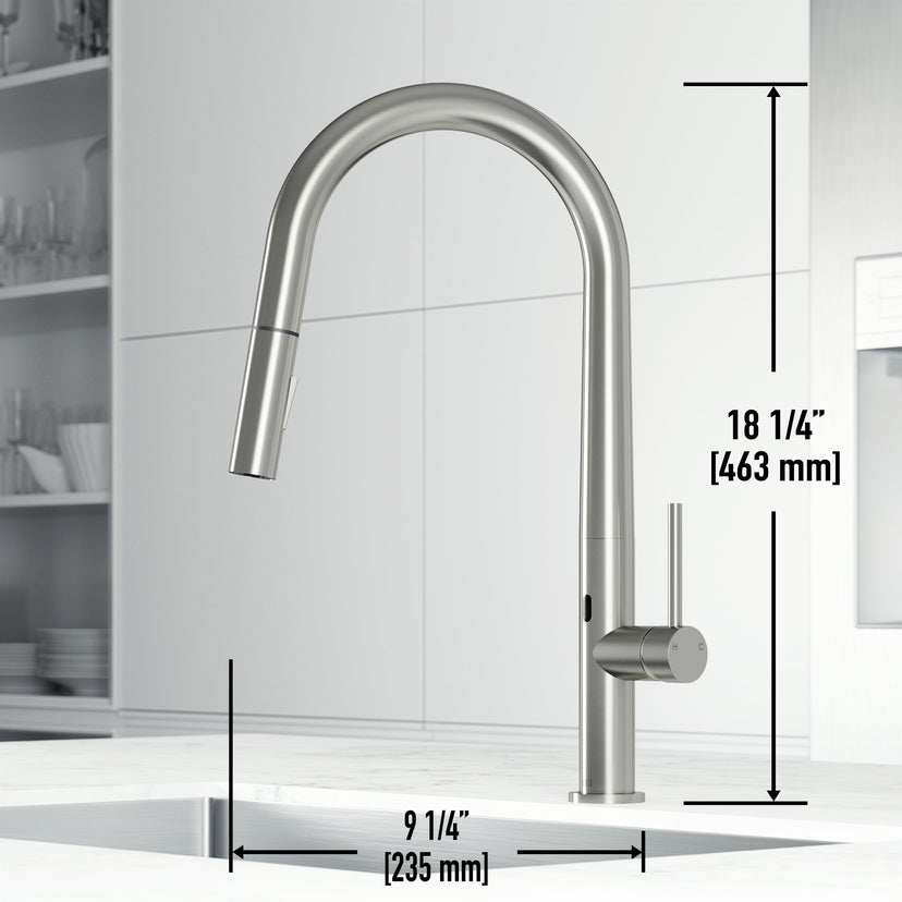 Kitchen faucet with pull-down sprayer, docking technology, and water-efficient design