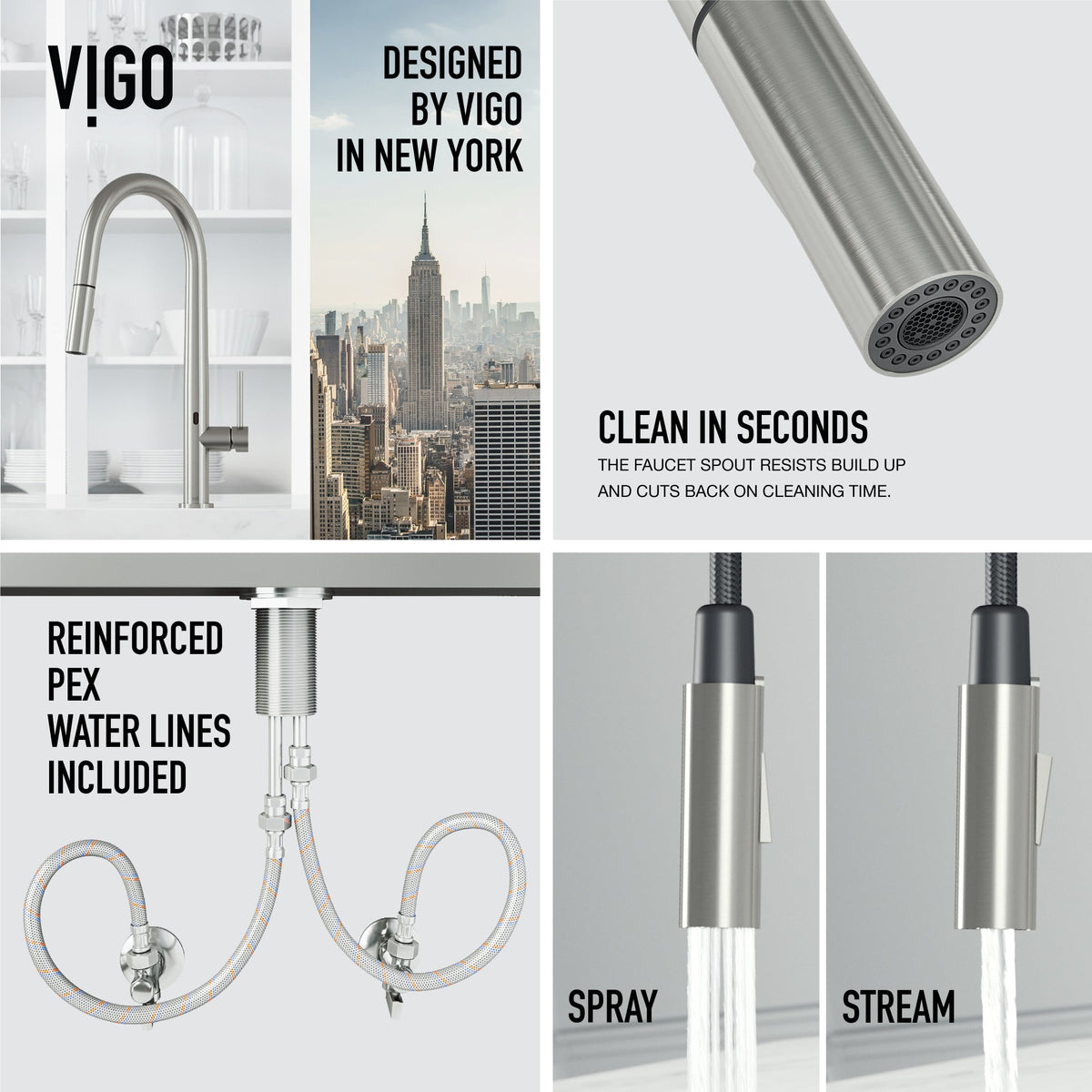 Stainless steel and chrome kitchen faucet with lever handle and high-arc design