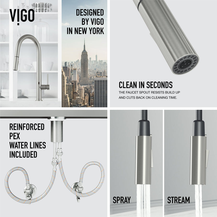 Stainless steel and chrome kitchen faucet with lever handle and high-arc design