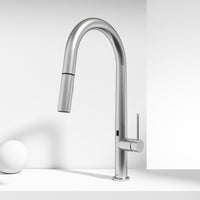 Brass kitchen faucet with high-arc spout and touchless sensor for modern kitchens