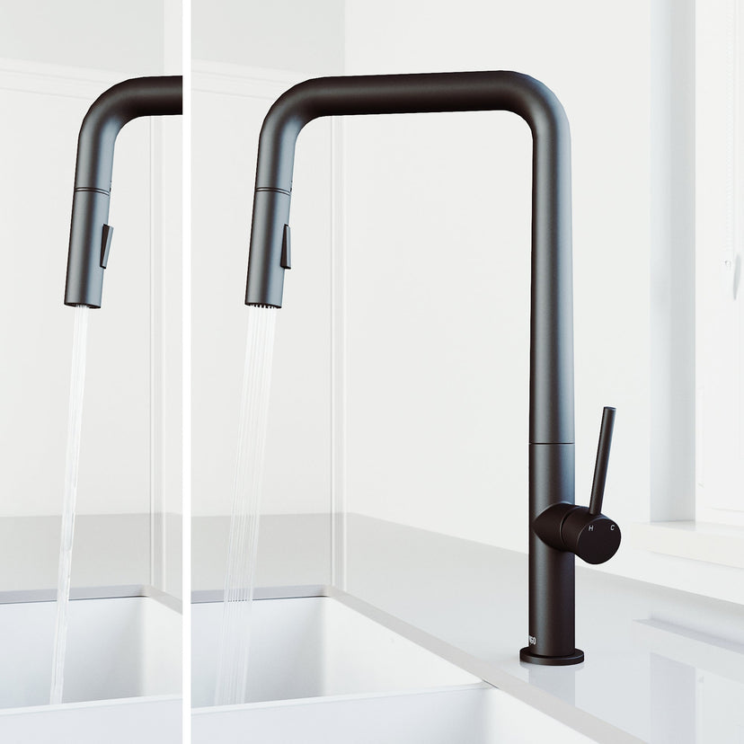 High-arc gooseneck faucet with matte black finish and included supply lines and sprayer head