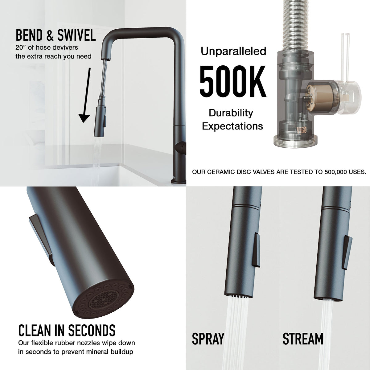Modern kitchen faucet with 360-degree swivel spout and secure docking station