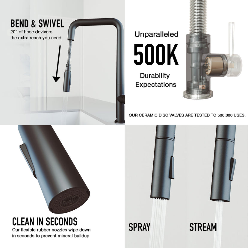 Modern kitchen faucet with 360-degree swivel spout and secure docking station