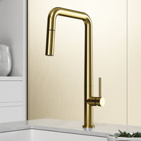 Matte brushed gold single handle kitchen faucet with pull-down sprayer and high-arc spout