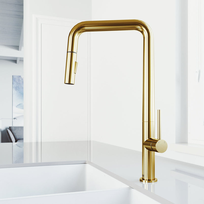 Kitchen faucet with matte brushed gold finish and ceramic disk valve system