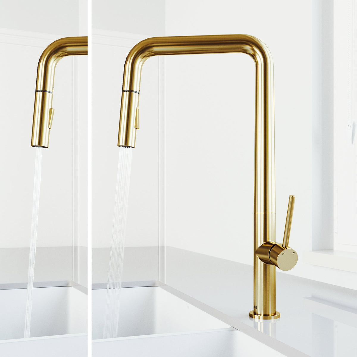 High-arc gooseneck faucet with brushed gold finish and included supply lines and sprayer