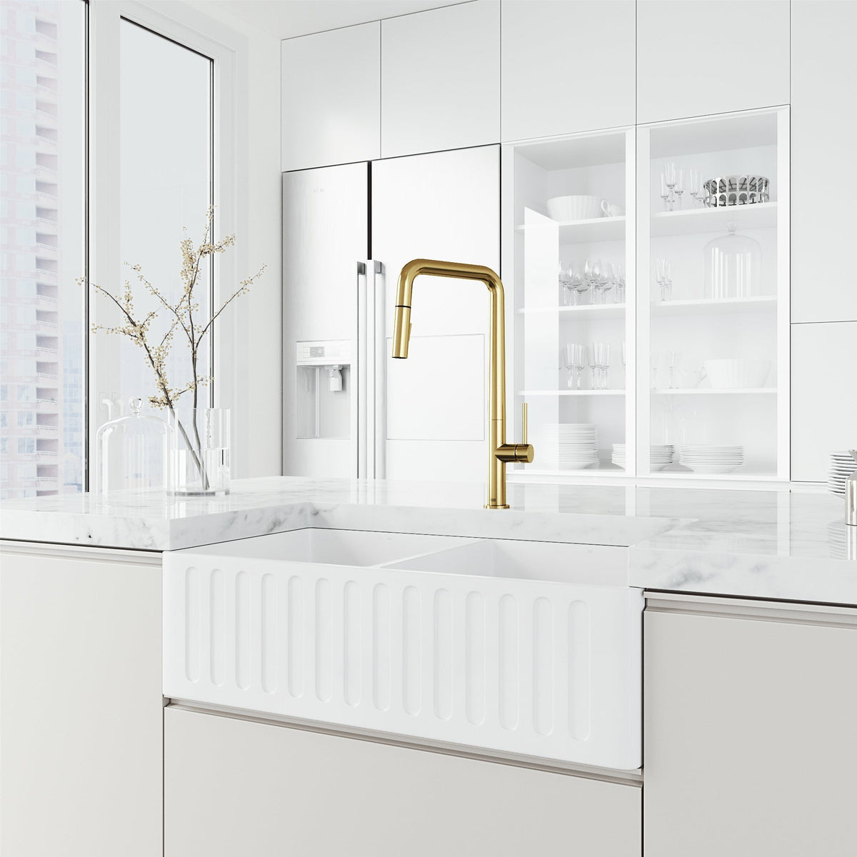 Matte brushed gold kitchen faucet with pre-rinse function and included hose and mounting materials