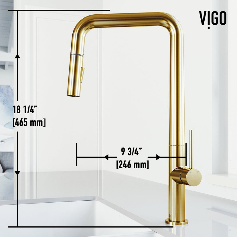 Kitchen faucet with high-arc spout and matte brushed gold finish, water-efficient design