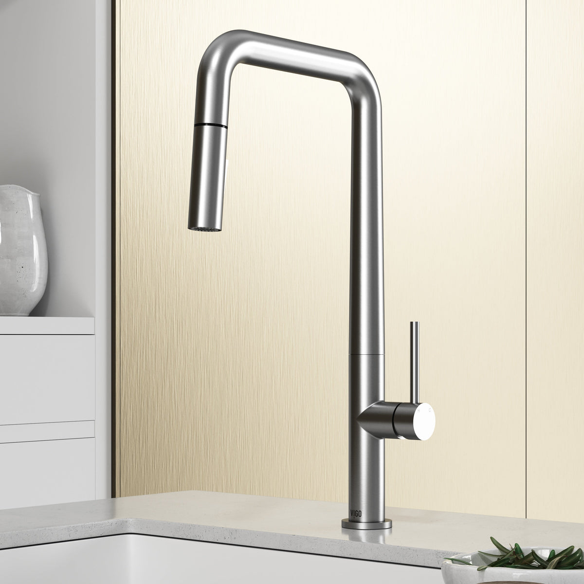 Stainless steel single handle kitchen faucet with pull-down sprayer and high-arc spout