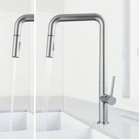High-arc gooseneck faucet with stainless steel finish and included supply lines and sprayer