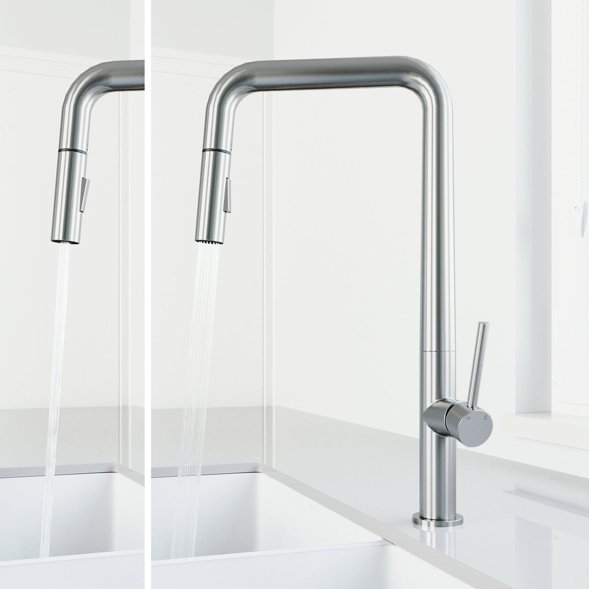 High-arc gooseneck faucet with stainless steel finish and included supply lines and sprayer