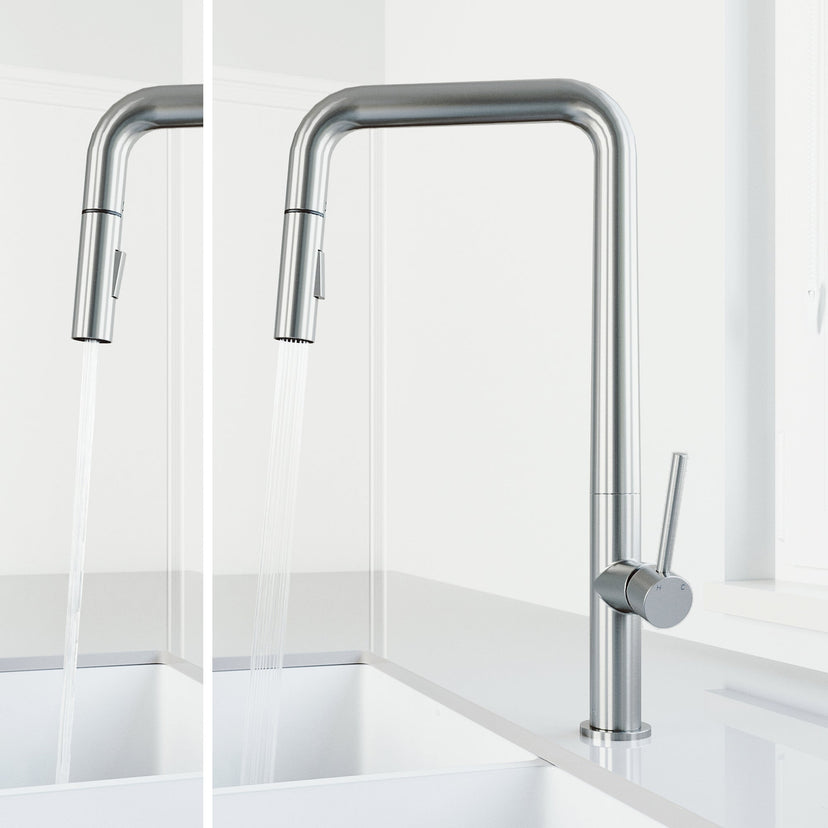 High-arc gooseneck faucet with stainless steel finish and included supply lines and sprayer