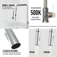 Modern kitchen faucet with 360-degree swivel spout and secure docking station
