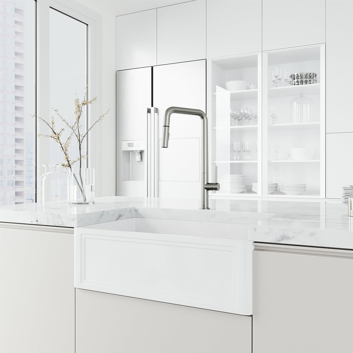 Stainless steel kitchen faucet with pre-rinse function and included hose and mounting materials