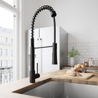 Single handle kitchen faucet with dual-mode sprayer and 360-degree spout swivel in matte black