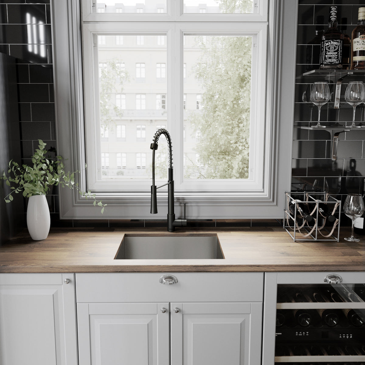 Stainless steel finish kitchen faucet with pull-down sprayer and high-arc spout