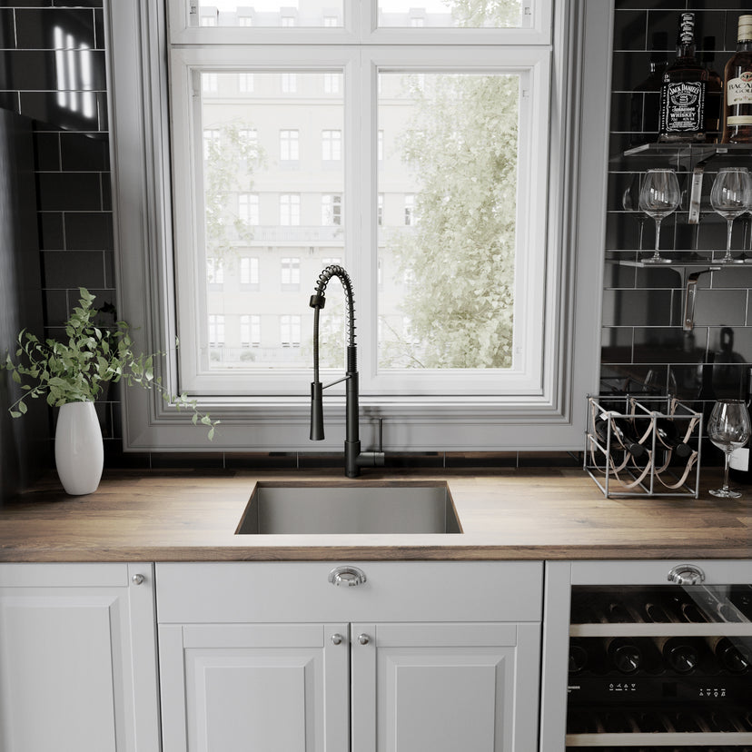 Stainless steel finish kitchen faucet with pull-down sprayer and high-arc spout