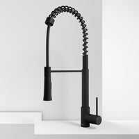 Matte black single handle kitchen faucet with pull-down sprayer and high-arc gooseneck spout