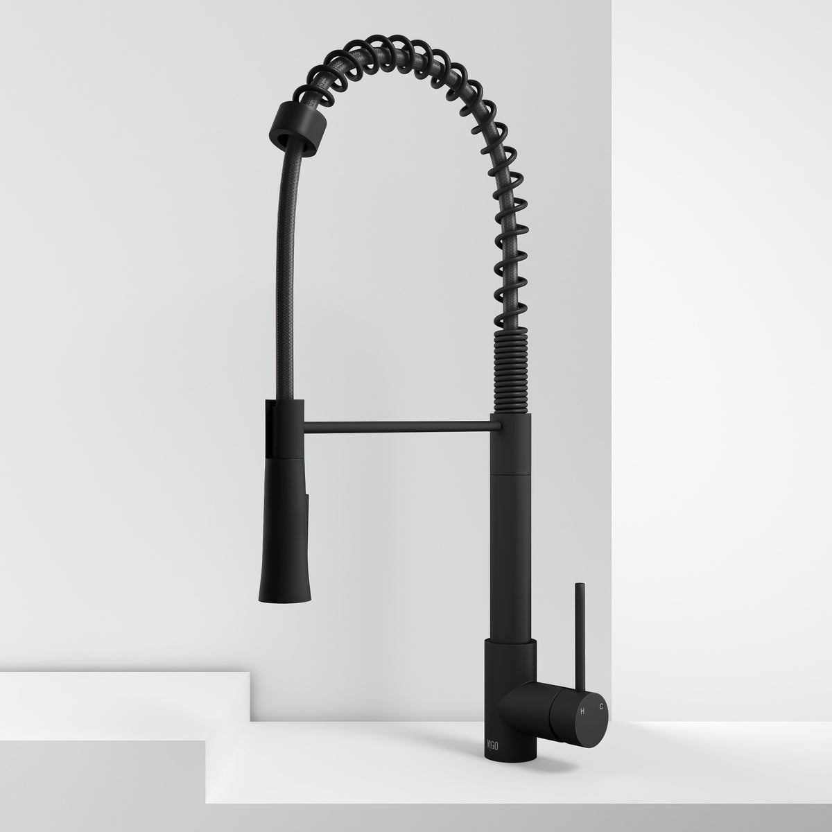 Matte black single handle kitchen faucet with pull-down sprayer and high-arc gooseneck spout