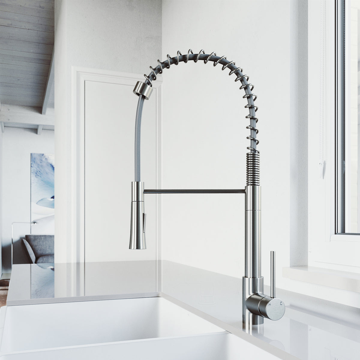 Stainless steel single handle kitchen faucet with pull-down sprayer and high-arc gooseneck spout