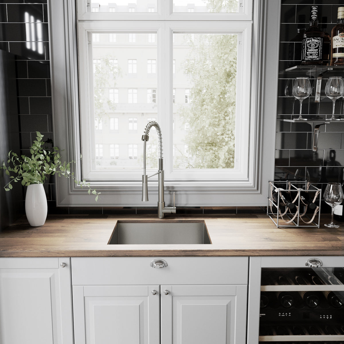 Deck-mounted kitchen faucet with ceramic valve, pull-down sprayer, and stainless steel finish