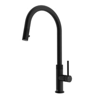 High-arc gooseneck faucet in matte black with included supply lines and mounting hardware