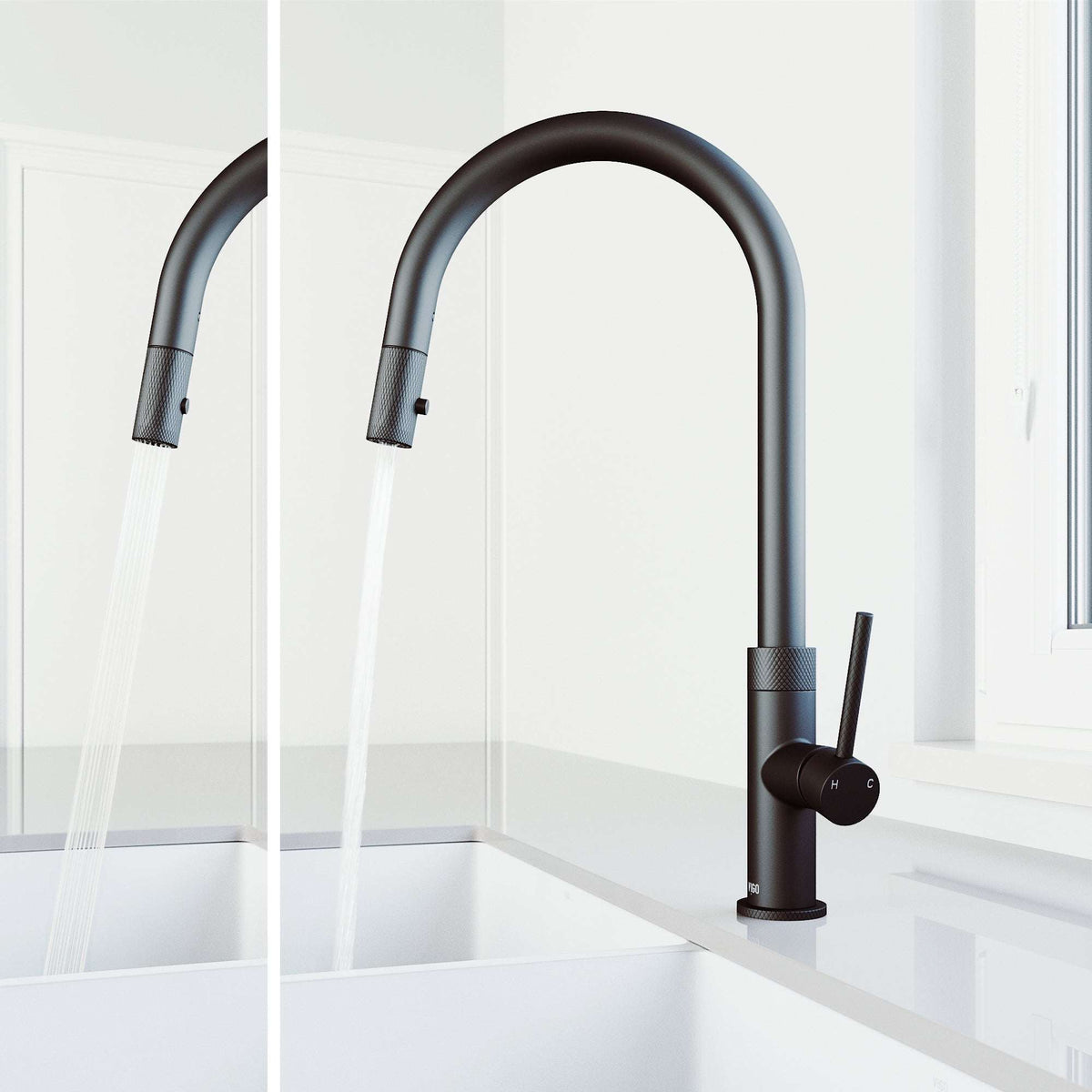 Single handle kitchen faucet featuring ceramic disk valve and pre-rinse function