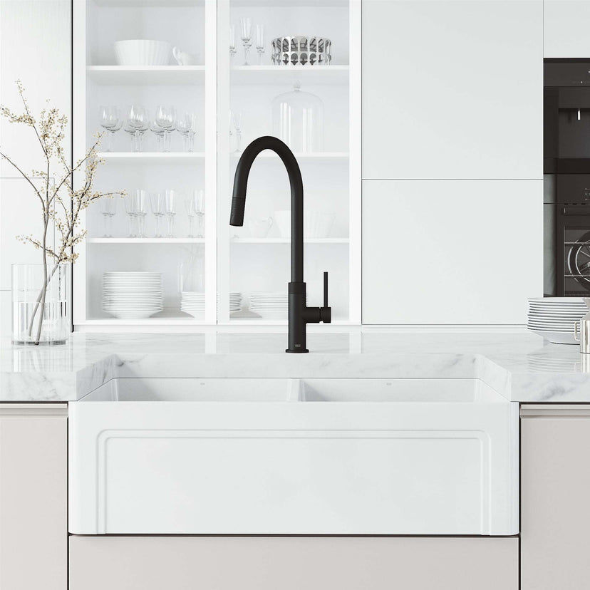 Matte black faucet with 19-inch assembled height and lever handle design