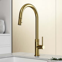 Matte brushed gold pull-down kitchen faucet with high-arc gooseneck spout