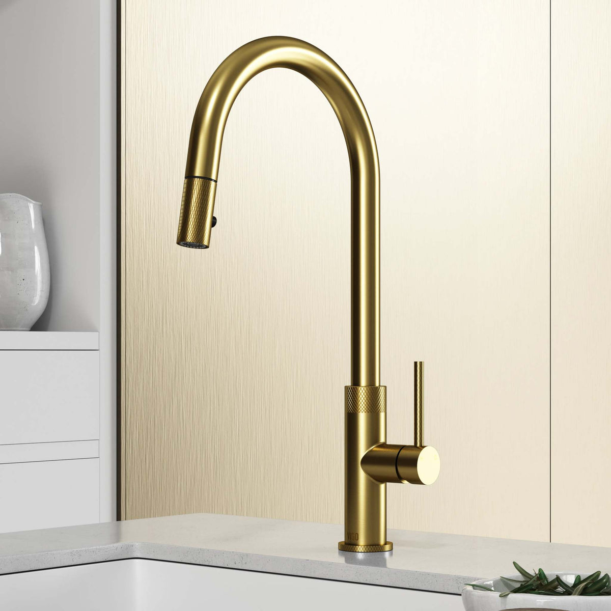 Matte brushed gold pull-down kitchen faucet with high-arc gooseneck spout