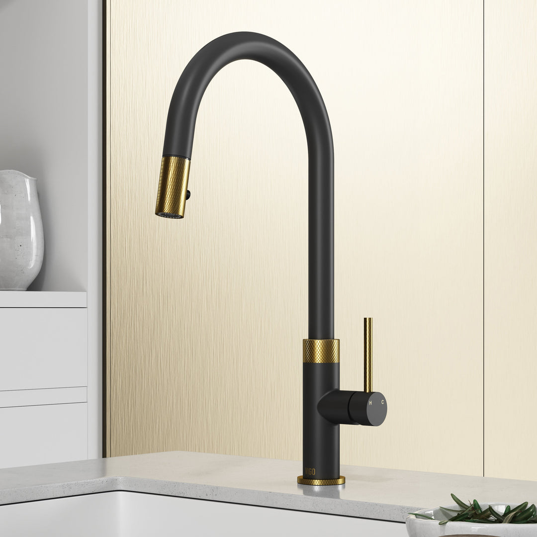 Black and gold pull-down kitchen faucet with high-arc gooseneck spout