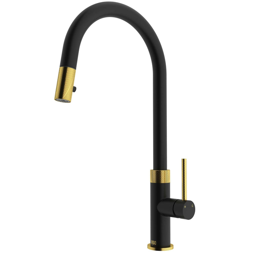 High-arc gooseneck faucet in black and gold with included supply lines