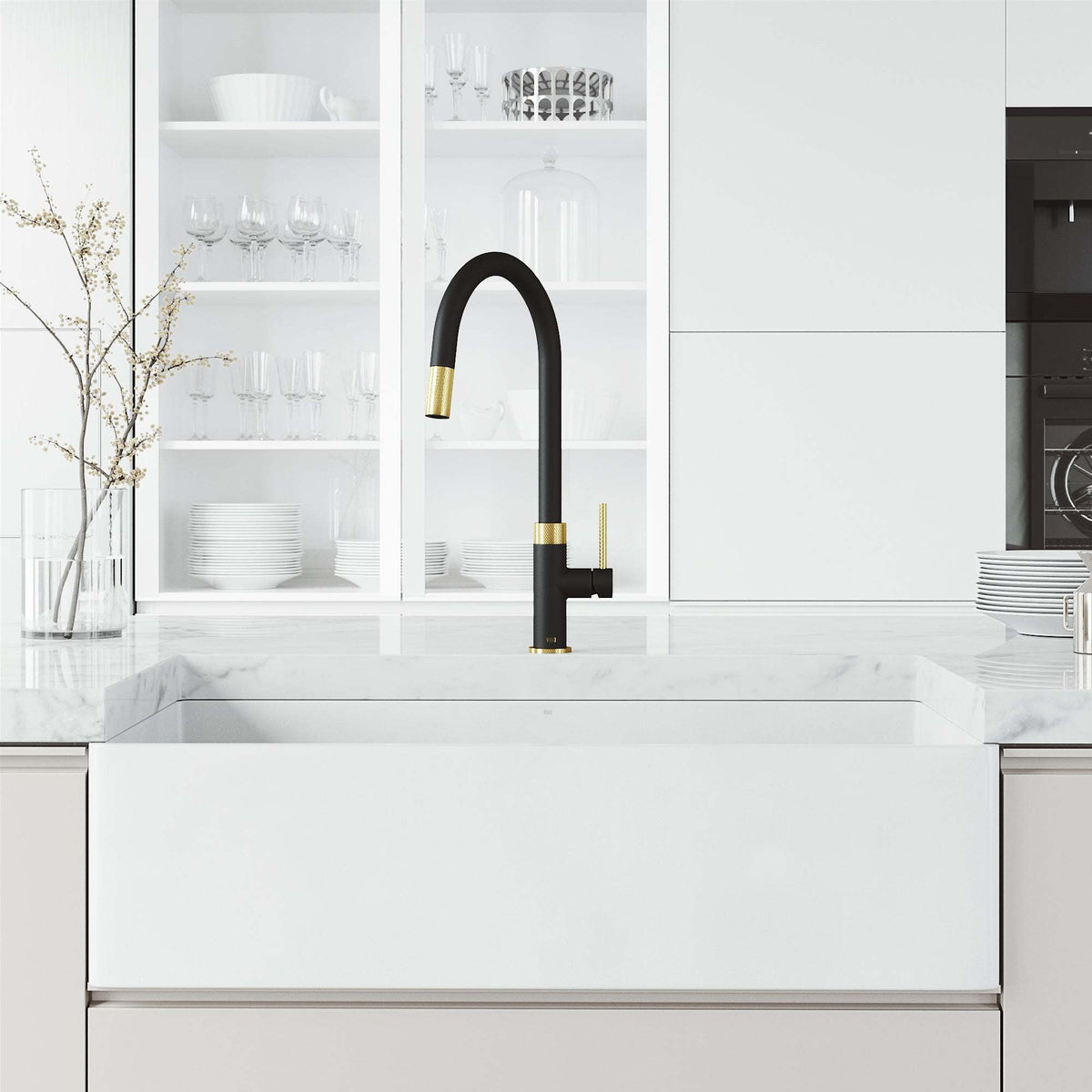 Black and gold faucet with 19-inch assembled height and deck mount
