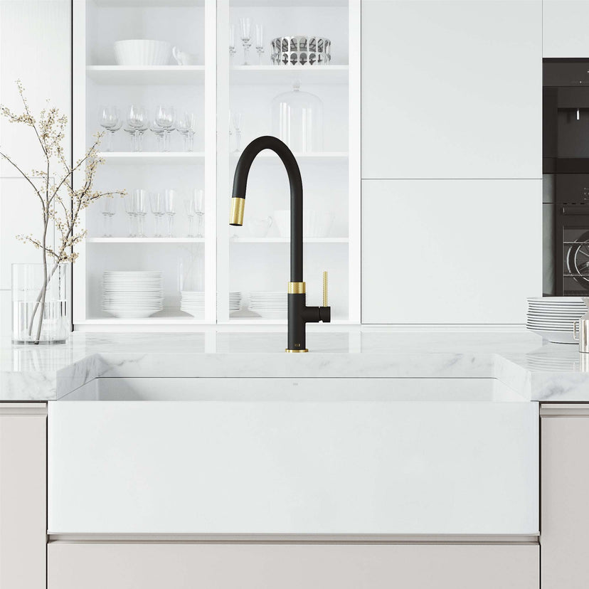 Black and gold faucet with 19-inch assembled height and deck mount